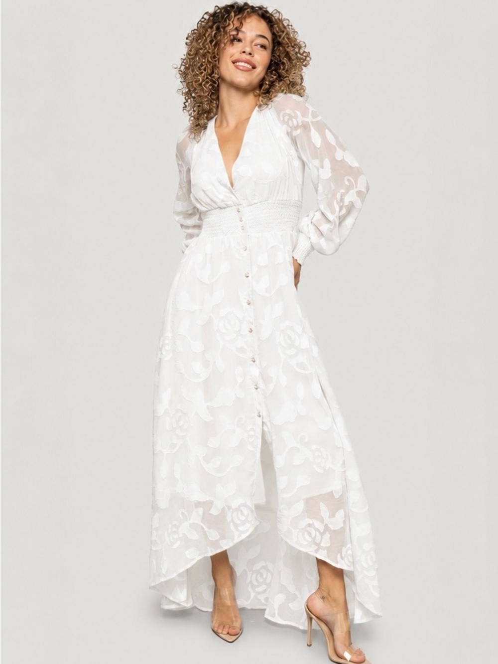 Baltic Born White Floral High-Low Button Front Maxi Dress